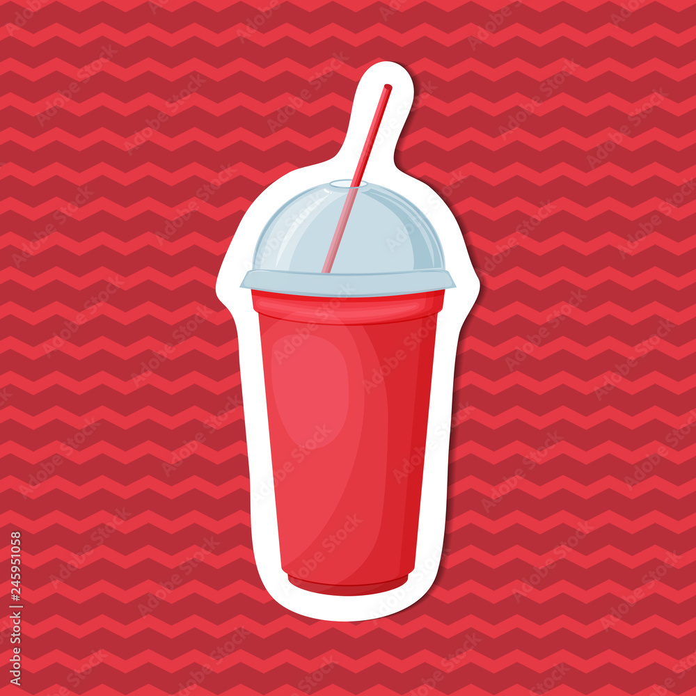 Soda water in a red cup with a straw and a transparent lid - sticker on red