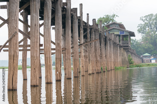 Wooden structure of U Bein Bridge over the Taungthaman Lake photo