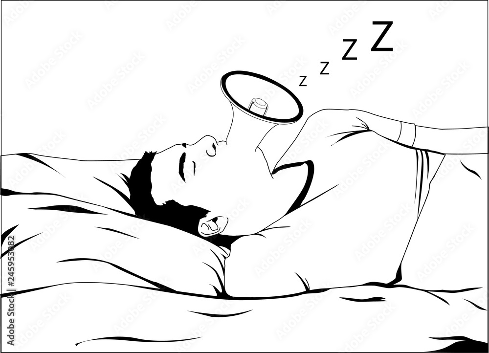 Cartoon illustration of snoring man on bed. He is sleeping and snoring loudly. His mouth look like a megaphone and make a noise. Picture is black and white. Concept of sleep apnea or sleeping problem. Cartoon illustration of snoring man on bed. He is sleeping and snoring loudly. His mouth look like a megaphone and make a noise. Picture is black and white. Concept of sleep apnea or sleeping problem.
