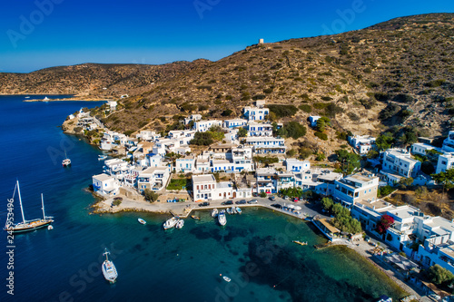 Aerial view of Katapola vilage, Amorgos island, Cyclades, Aegean, Greece