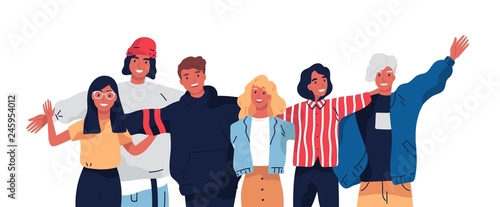 Group portrait of smiling teenage boys and girls or school friends standing together, embracing each other, waving hands. Happy students isolated on white background. Flat cartoon vector illustration.