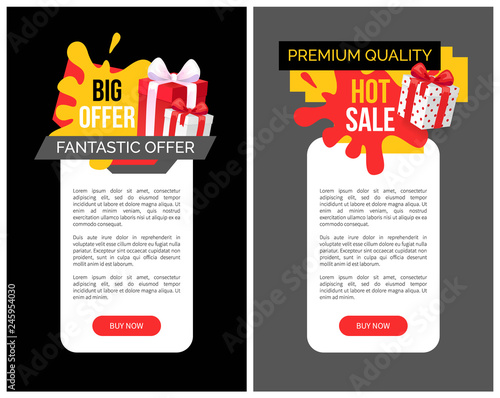 Highest quality of products, super sale, shops discount vector web site template. Reduced price on goods, fantastic offer. Present in box decorated by bow