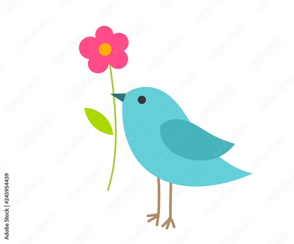 Cute blue bird with a flower.