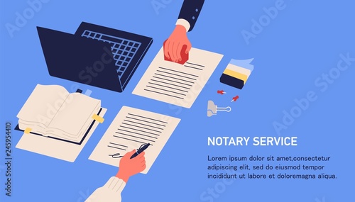 Notary service advertisement. Horizontal web banner in blue color with hands witnessing legal documents by signature and seal or stamp and place for text. Colorful vector illustration in flat style.