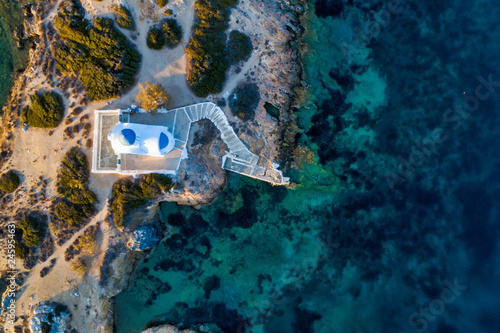Aerial view of the church St Panteleimon in the Katapola vilage, Amorgos island, Cyclades, Aegean, Greece