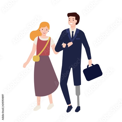 Man in suit with artificial limb walking with his girlfriend, wife or friend. Male character with leg prosthesis with romantic partner on date. Colorful vector illustration in flat cartoon style.