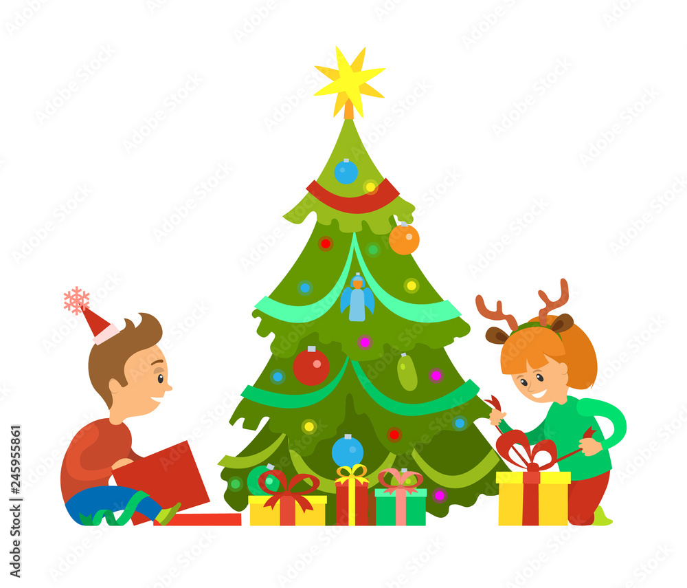 Christmas holidays, New Years eve children unpacking gifts vector. Decorated evergreen pine tree, boy and girl kids, happy with presents in boxes