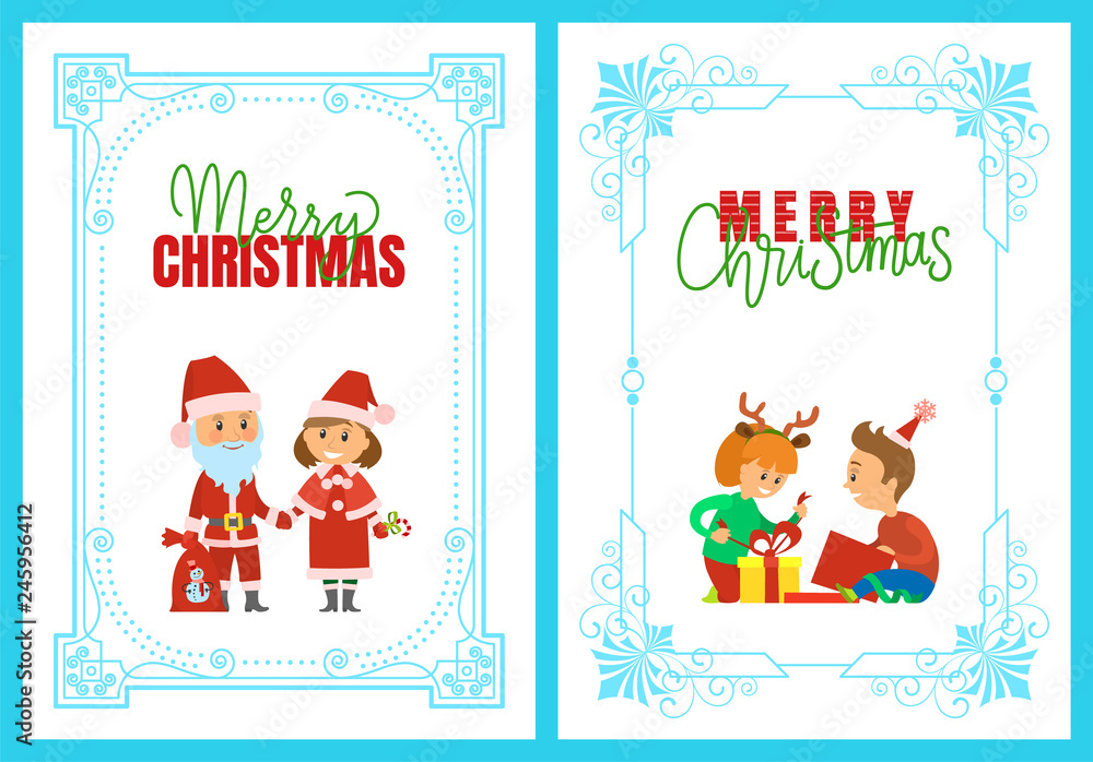 Fototapeta premium Merry Christmas holidays and happy winter posters vector. Santa Claus holding sack with presents to kids, Snow Maiden with lollipop. Unpacking gifts