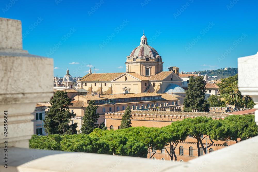 Cityscape of Rome, View from the  Terrazza delle Quadrighe -  roof terrace on top of the Vittoriano Museum Complex.