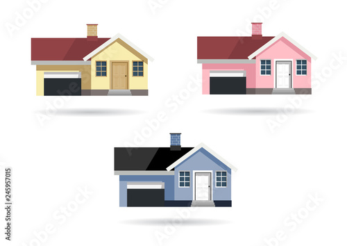 Wallpaper Mural yellow, pink and blue house with garage on white isolated bacground Torontodigital.ca