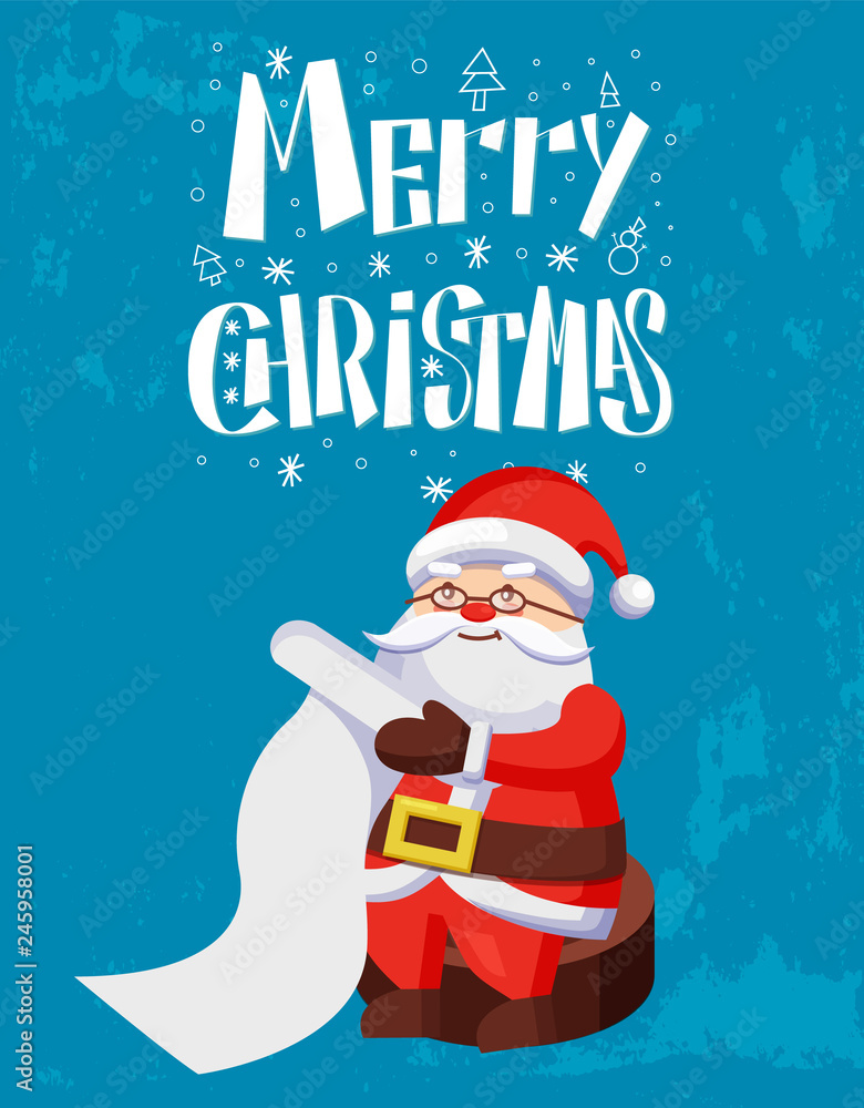 Merry Christmas, Santa Claus reading wish list, long paper scroll isolated on blue snowy background. Saint Nicholas checking wishes of kids in letter, vector Merry Christmas, Santa Claus reading wish list, long paper scroll isolated on blue snowy background. Saint Nicholas checking wishes of kids in letter, vector