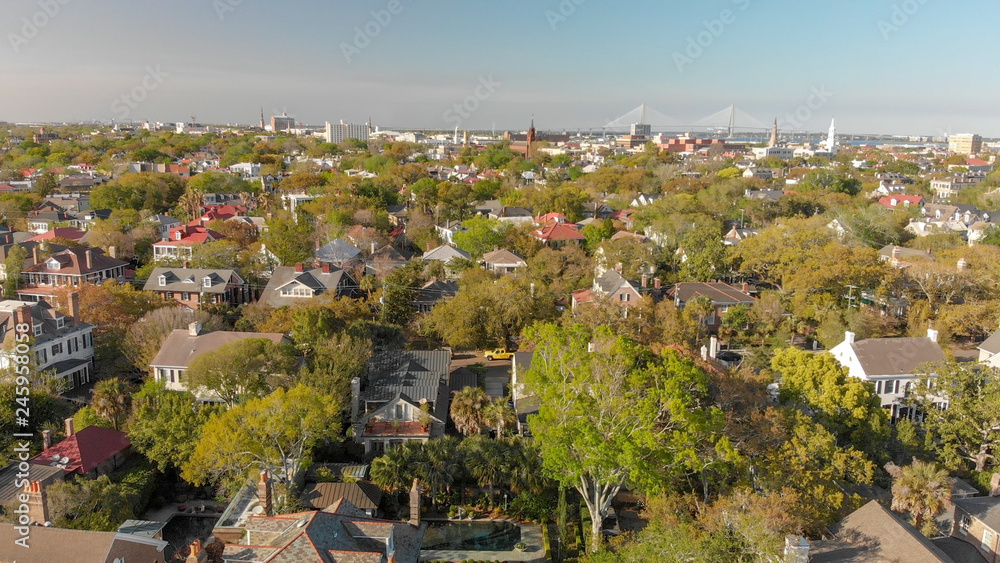 Fototapeta premium Aerial view of Charleston at dusk, South Carolina, USA