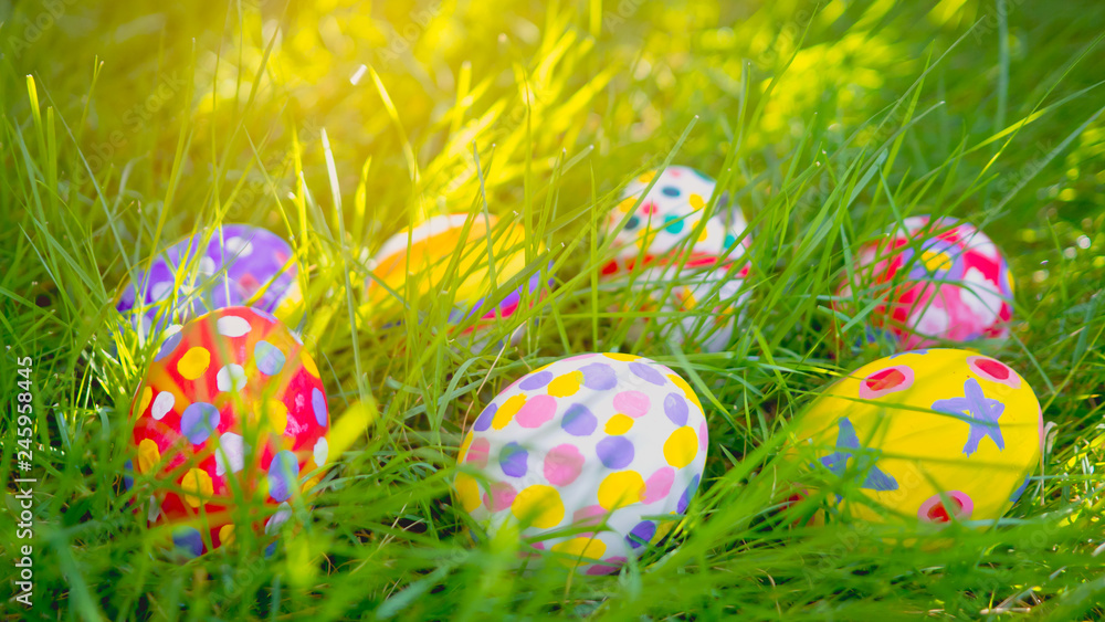 7 eggs decorated with bright colors Placed in a lawn with beautiful sunshine. Easter concept.