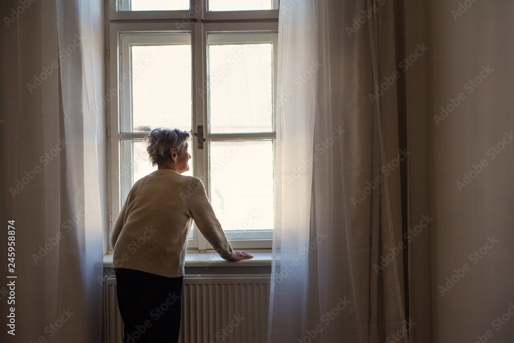 A portrait of a senior woman standing at home, looking out of a window. A portrait of a senior woman standing at home, looking out of a window.