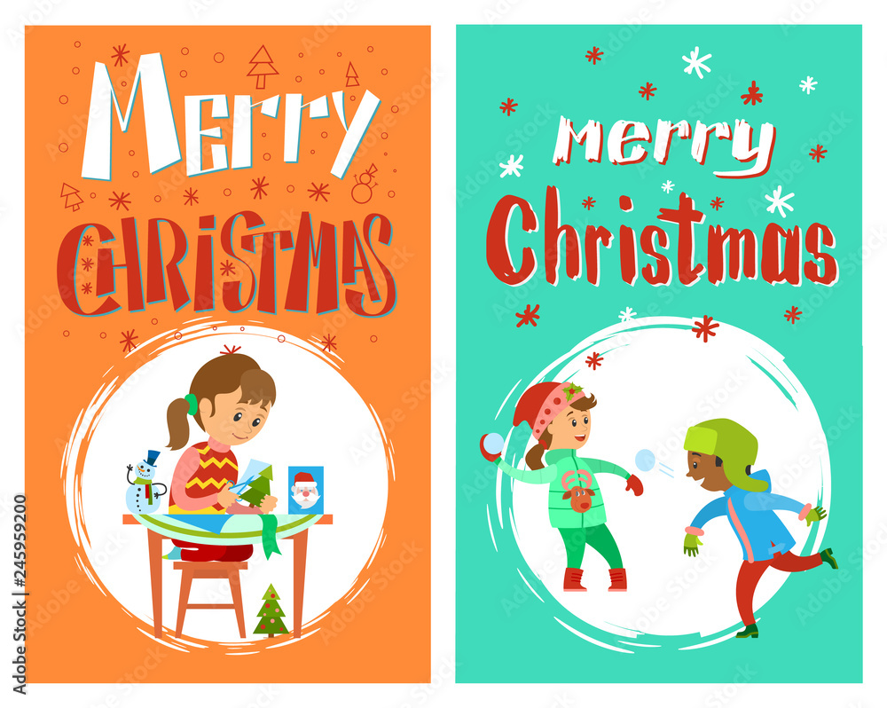 Fototapeta premium Merry Christmas greeting postcard with snowflakes. Girl sitting and making fir-tree and children playing snowball in hot clothes vector holiday paper