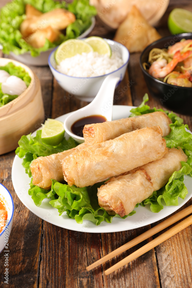 spring roll, soy sauce and asian cuisine spring roll, soy sauce and asian cuisine