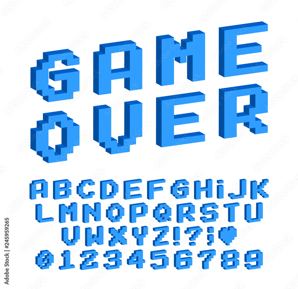 Set of vector letters in retro style. Game design. Font of old games. 8 bit letters and numbers vector alphabet. Set of vector letters in retro style. Game design. Font of old games. 8 bit letters and numbers vector alphabet.