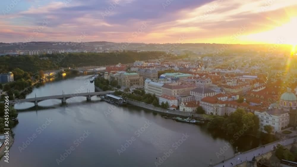 prague city drone shot at sunrise fly over vltava river prague city drone shot at sunrise fly over vltava river