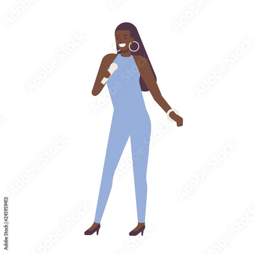 African American singer, vocalist or songstress wearing elegant jumpsuit and ...