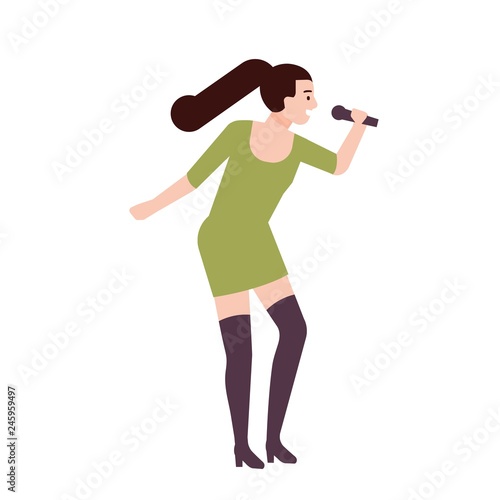 Cute funny rock singer, pop vocalist, songstress or songbird wearing dress an...