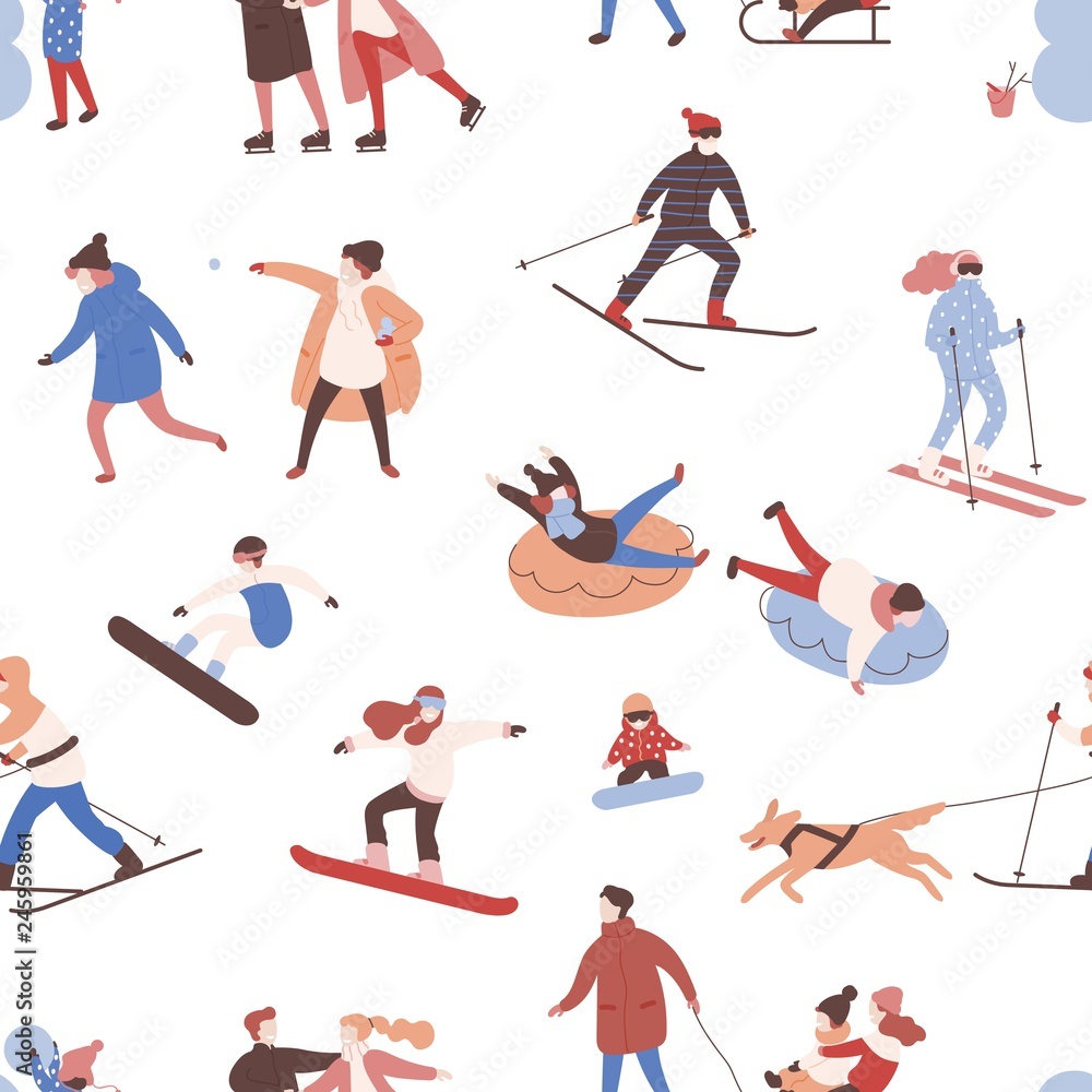 Seamless pattern with men, women and kids performing winter activities.Backdrop with people dressed in outerwear skiing, ice skating, snowboarding, playing hockey. Seasonal flat vector illustration.