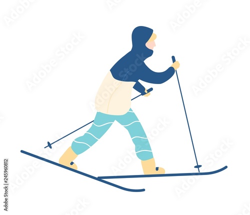 Man in snowsuit taking part in race, cross-country or Nordic skiing competition
