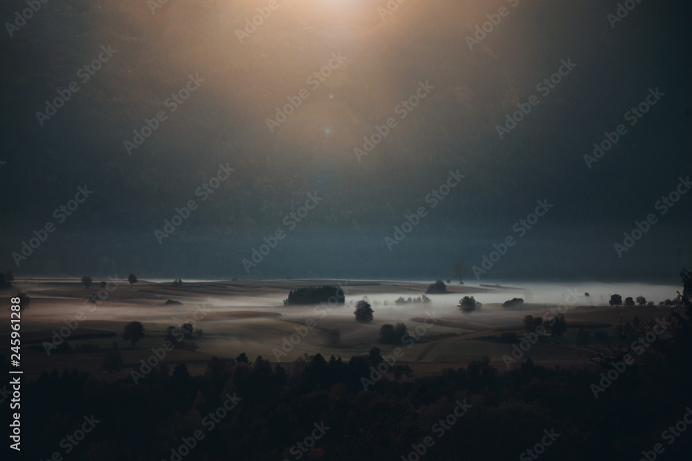 Amazing Sunrise in Misty Morning Landscape