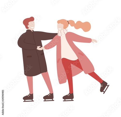 Young man and woman holding hands and ice skating together
