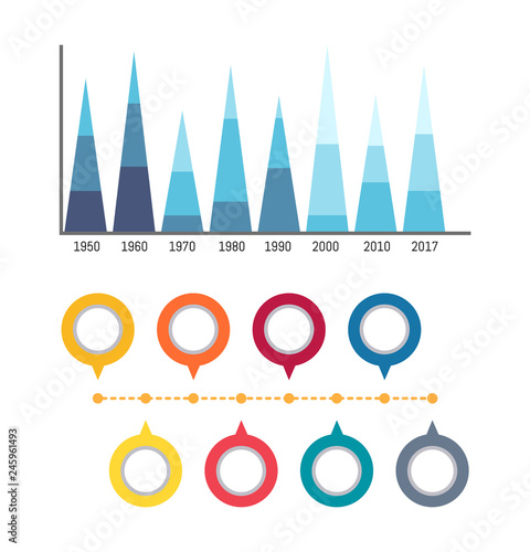 Infographics and circled flowcharts diagrams isolated icons vector. Scale with numeric data, timeline and layout statistics. Infocharts comparison