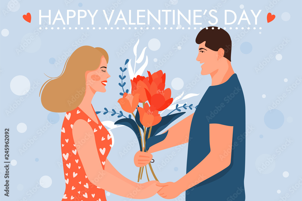 Valentine's day card with happy couple. Man giving to his woman a bouquet of flowers. Vector illustration. Valentine's day card with happy couple. Man giving to his woman a bouquet of flowers. Vector illustration.