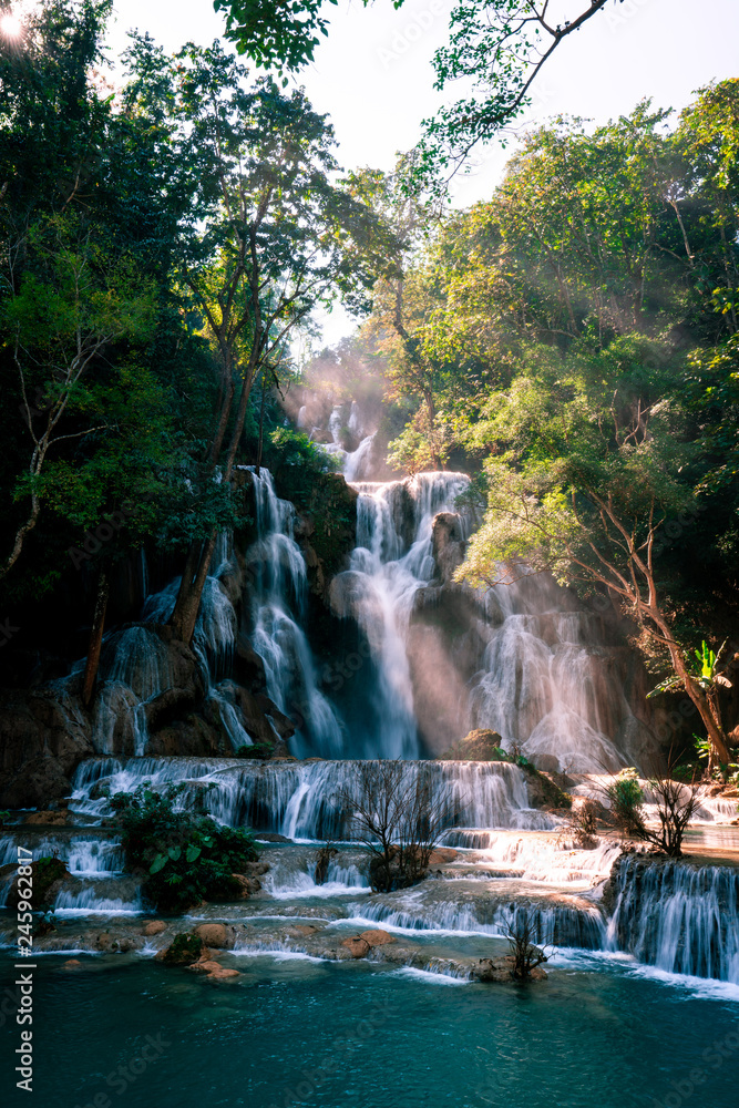 Naklejka premium Amazing Kuang Si Falls in Luang Prabang, Laos. Perfect blue water combined with beautiful sunlight and powerful green colors.