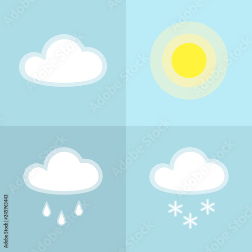 Sun cloud rain snow simple icon Isolated on blue background Icon symbol sunny cloudy rainy snowy weather Flat design element of application banner card meteo weather icon Vector wallpaper applications