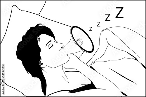 Cartoon illustration of snoring woman. She is sleeping and snoring loudly. Her mouth look like a megaphone and make a noise. Picture is black and white. Concept of sleep apnea or sleeping problem.