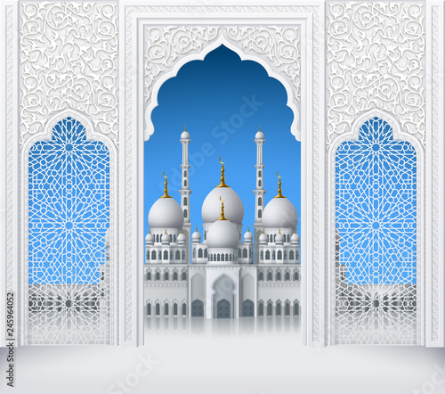 Illustration of door or window of mosque, geometric pattern, background for ramadan kareem greeting cards