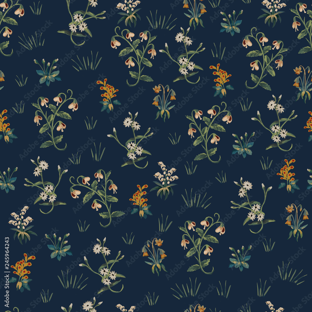 Floral wallpaper design, seamless pattern, background in medieval