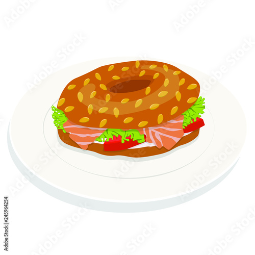 Bagel with cream cheese, salmon, salad and tomato on a plate isolated on white background. Flat vector illustration