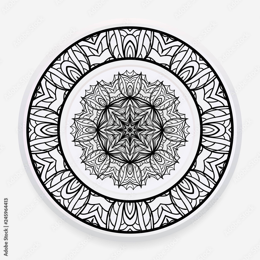 Decorative round plate with mandala from floral elements. Vector illustration. Home decor, interior design