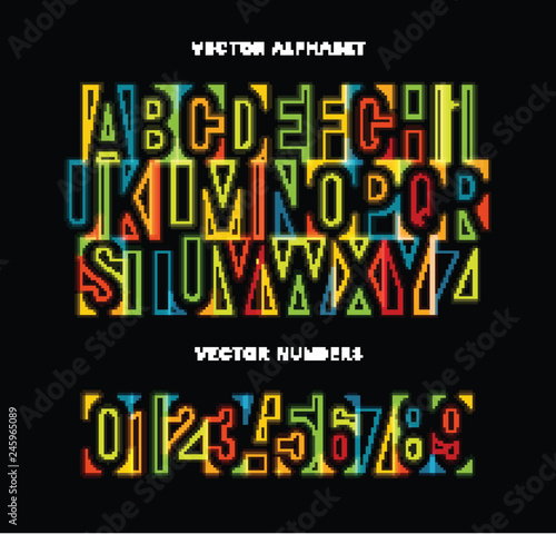 Colorful letters and numbers set. Colored vector latin alphabet. Rainbow color font. Geometrical neon glowing lines ABC. Negative space monogram and poster template. Typography design.