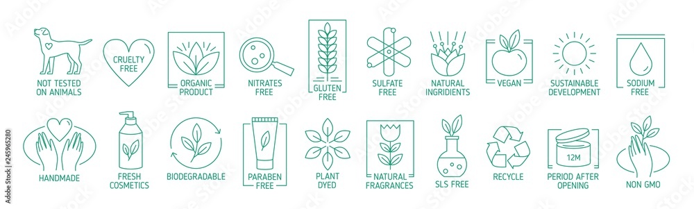 Collection of linear symbols or badges for natural eco friendly handmade products, organic cosmetics, vegan and vegetarian food isolated on white background. Vector illustration in line art style. Collection of linear symbols or badges for natural eco friendly handmade products, organic cosmetics, vegan and vegetarian food isolated on white background. Vector illustration in line art style.