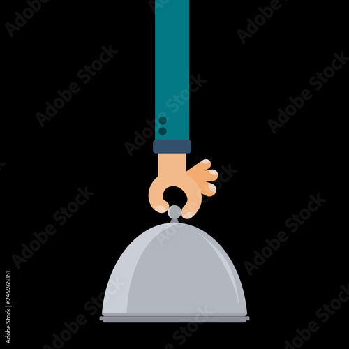 Restaurant cloche in hand. Closed food serving tray plate and elegant waiter hand. Flat vector illustration.