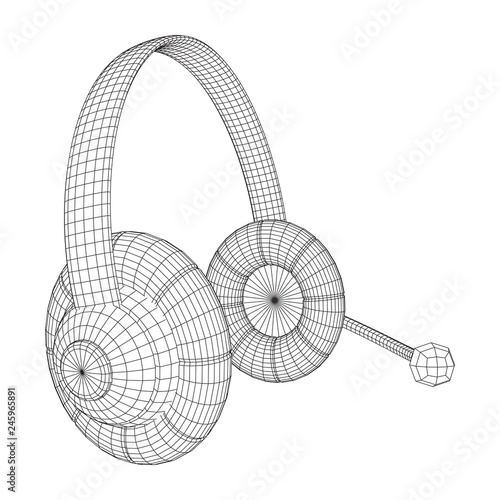 Headphone or headset for support from lines point connecting network. Abstract model wireframe low poly mesh vector illustration