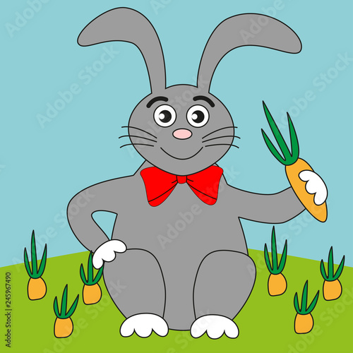A well-fed satisfied rabbit and a crop of carrots grown by him.