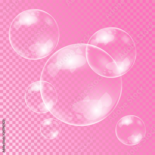 Valentine's Day Love Soap Bubbles on Transparent Background. Vector Illustration.