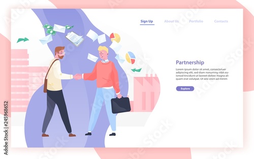 Web banner or website template with pair of business partners or businessmen ...