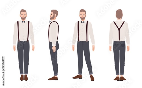 Handsome bearded man wearing trousers with suspenders, shirt, bow tie. Elegant outfit. Stylish male cartoon character isolated on white background. Front, side, back views. Flat vector illustration.