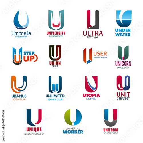 Business company font alphabet letter U icons