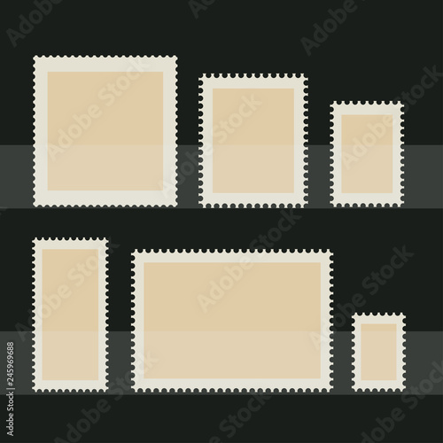 Blank postage stamp set. Toothed border stickers in different size. Vector flat style illustration on dark background