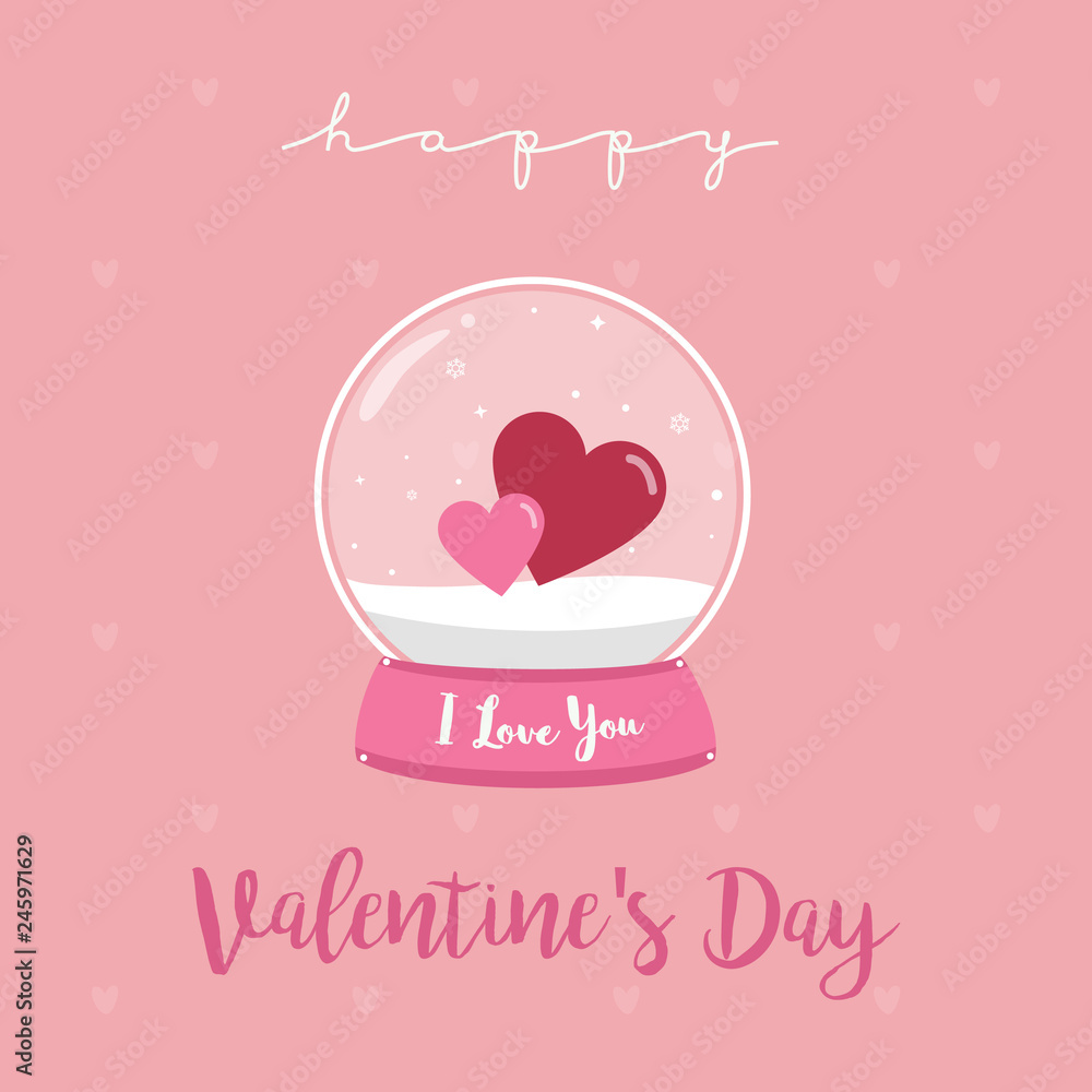 Happy Valentines Day Snow globe with Valentine hearts Vector Illustration for Wedding and Valentine's Invitation card.
