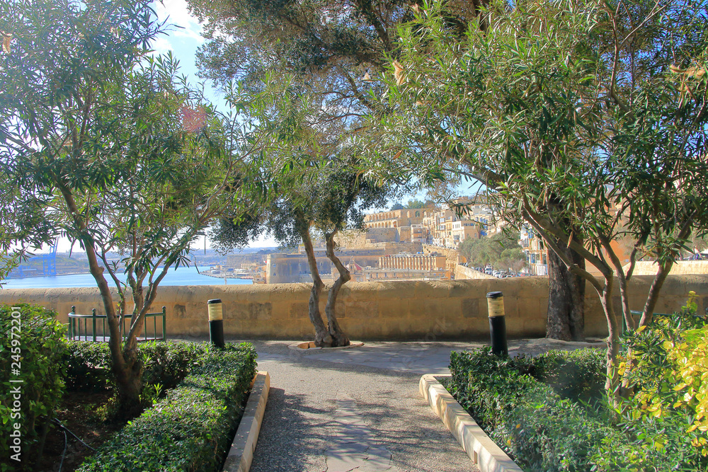 public garden of the island of Malta overlooking the city of Valletta.