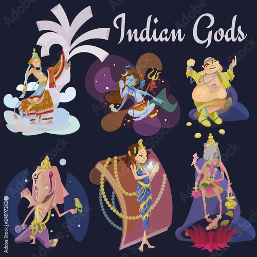 Set of isolated hindu gods meditation in yoga poses lotus and Goddess hinduism religion, traditional asian culture spiritual mythology, deity worship festival vector illustrations, T-shirt concepts